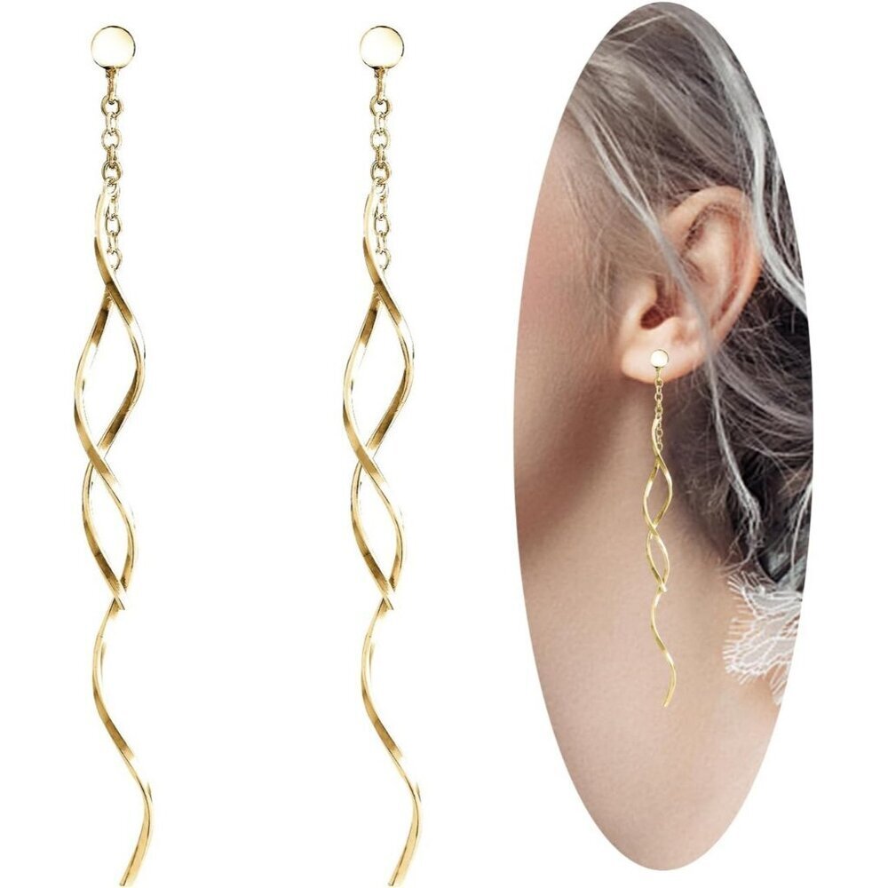 Women's Sterling Silver Spiral Long Wire Earrings, Handmade Twisted Linear